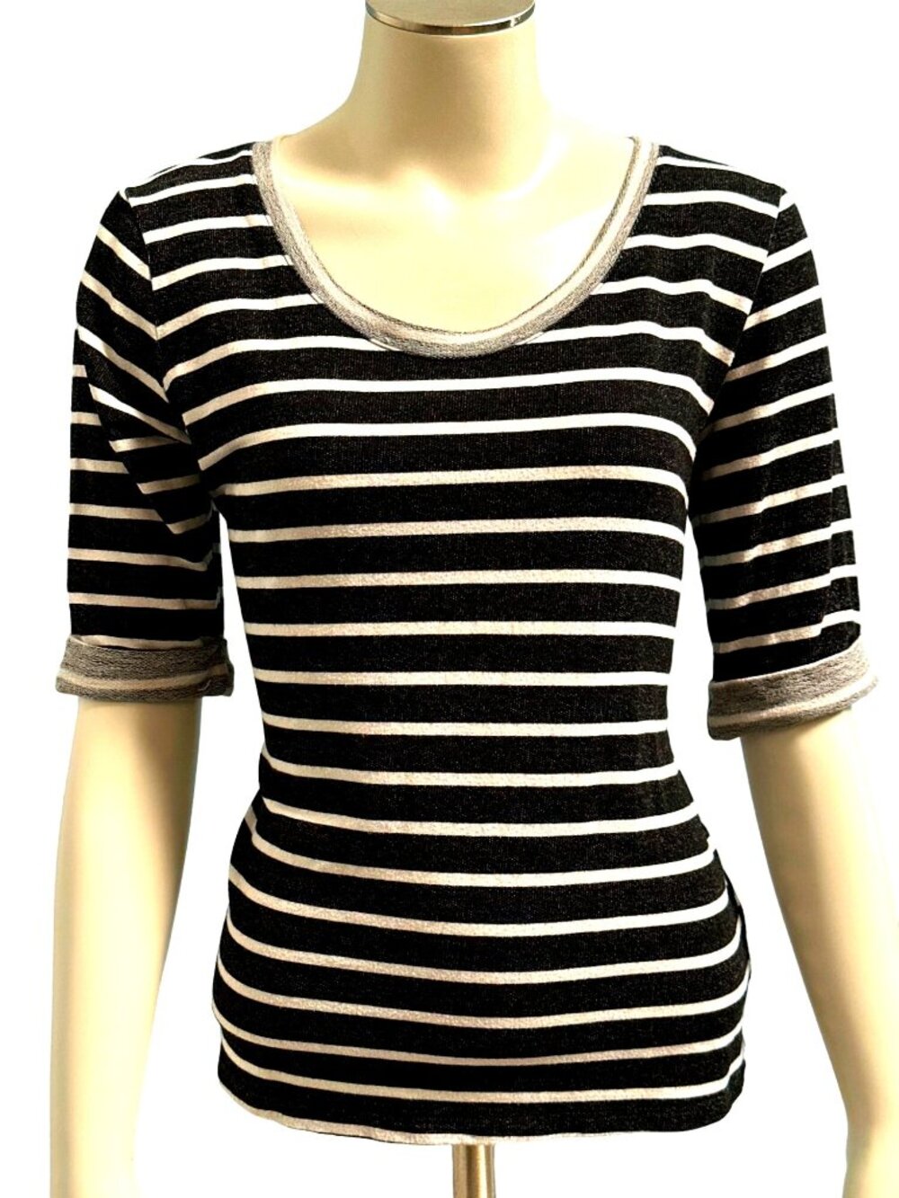 Striped Black White Top Small Half Sleeve Casual Back Zip Classic Everyday Wear